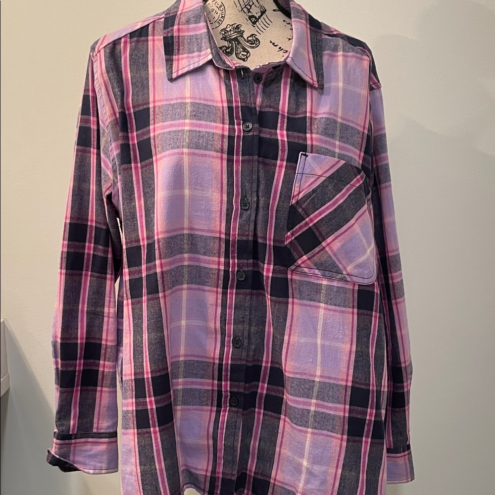 Time and Tru Pink and Black Plaid Button Down Shirt